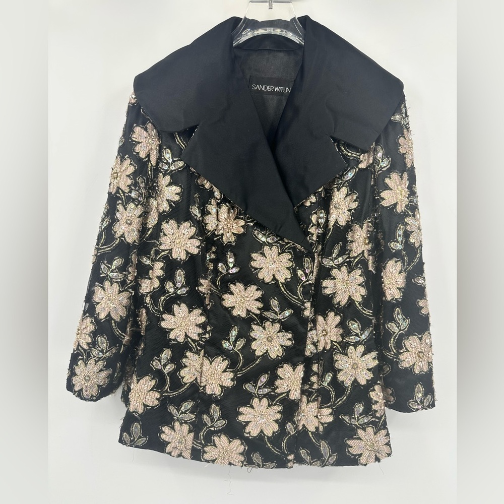 Sander Witlin Floral Jacquard Jacket Satin Maxi Lapel Womens Small 6 Black White